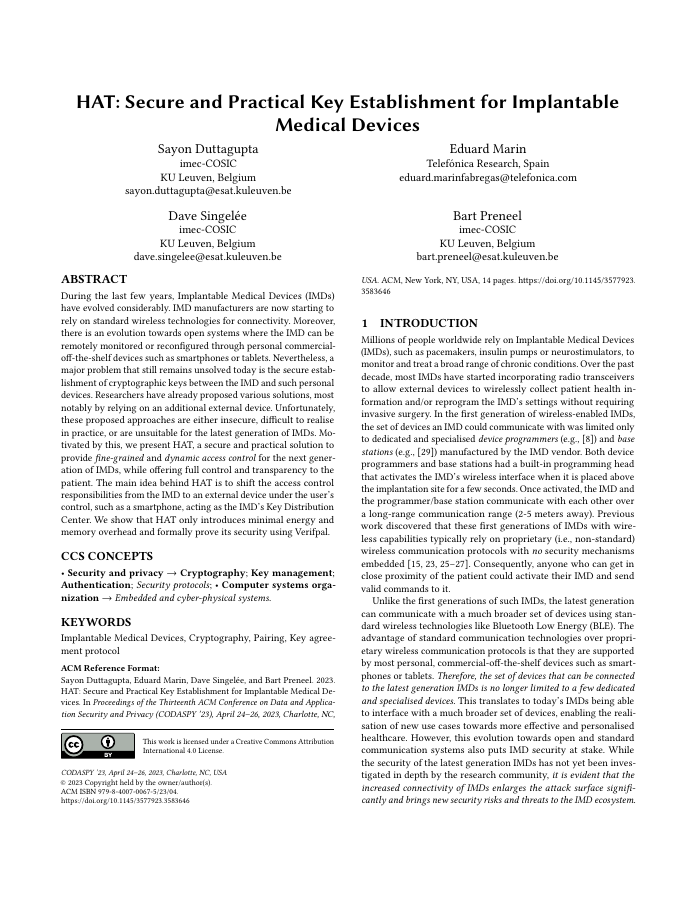 Thumbnail: HAT: Secure and Practical Key Establishment for Implantable Medical Devices