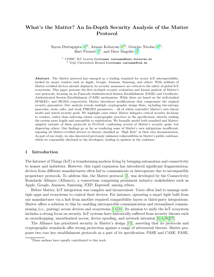 Thumbnail: What’s the Matter? An In-Depth Security Analysis of the Matter Protocol