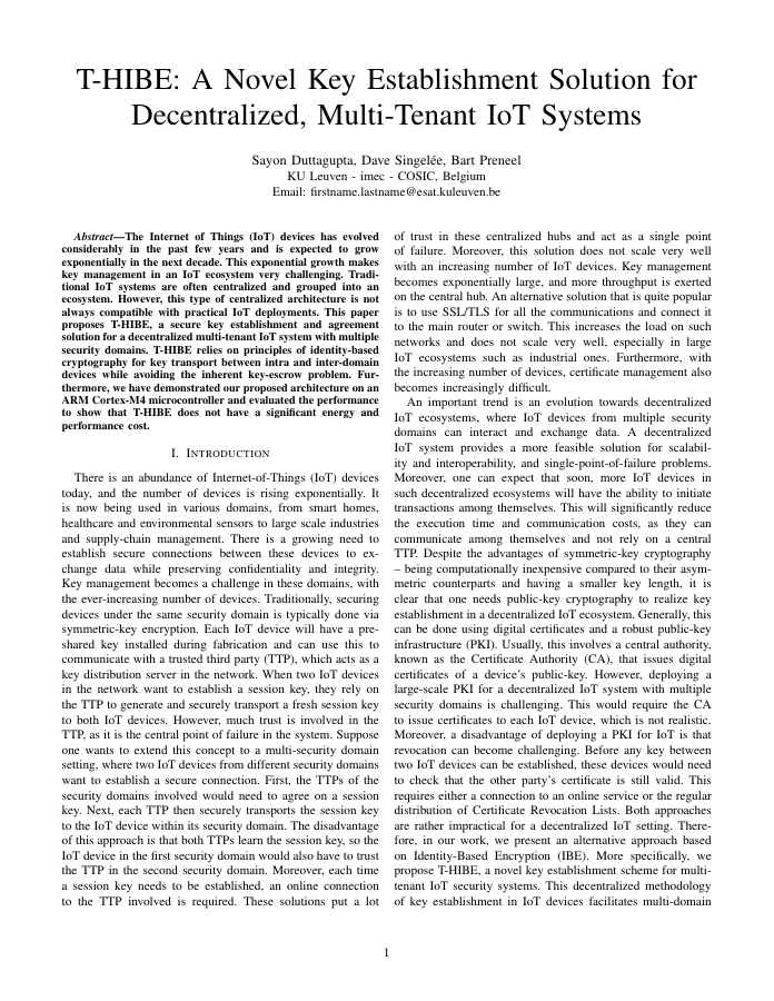 Thumbnail: T-HIBE: A Novel Key Establishment Solution for Decentralized, Multi-Tenant IoT Systems
