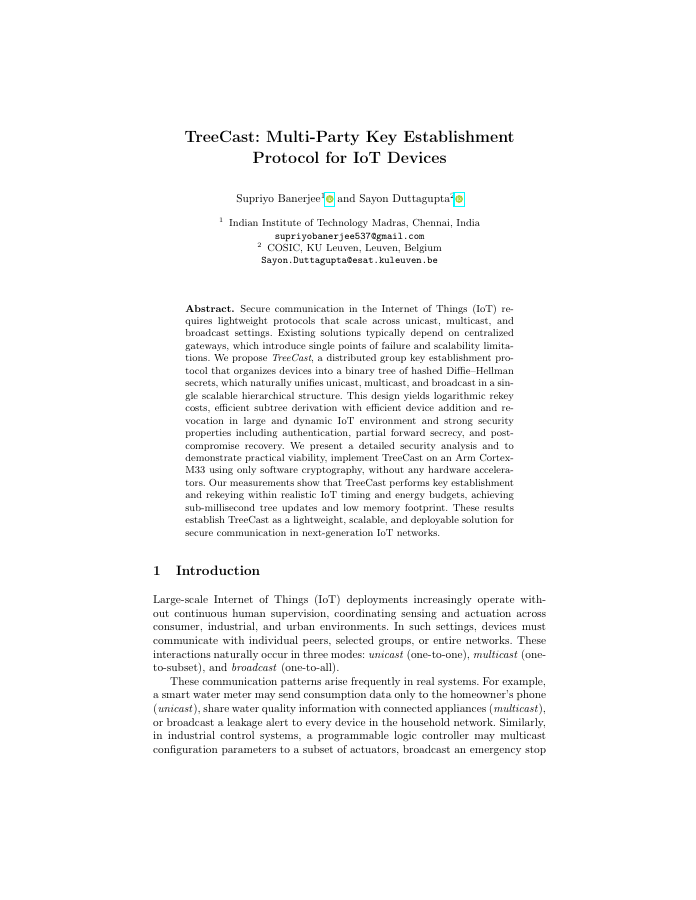 Thumbnail: TreeCast: Multi-Party Key Establishment Protocol for IoT Devices