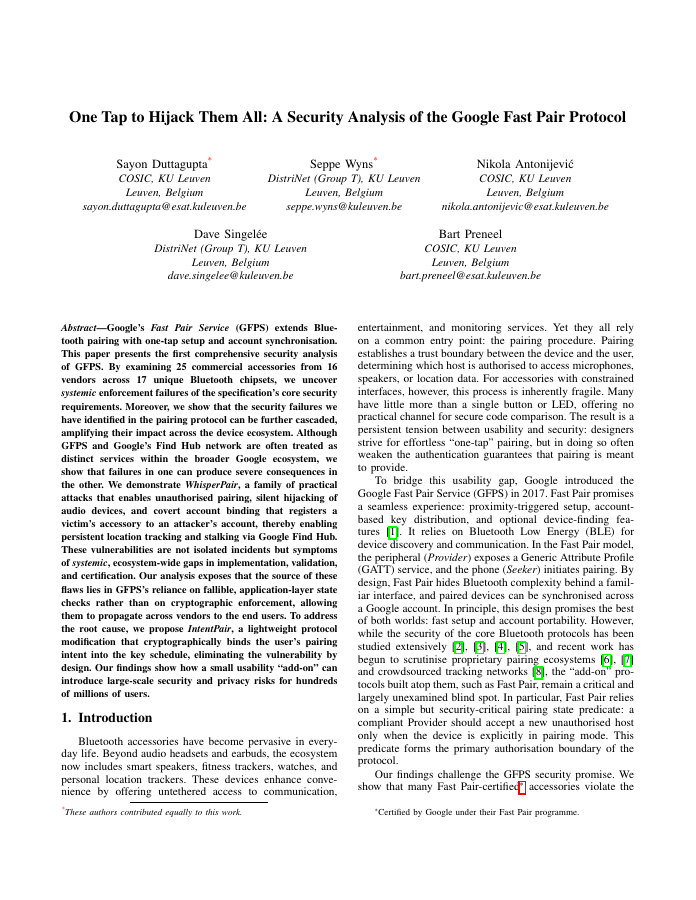Thumbnail: One Tap to Hijack Them All: A Security Analysis of the Google Fast Pair Protocol